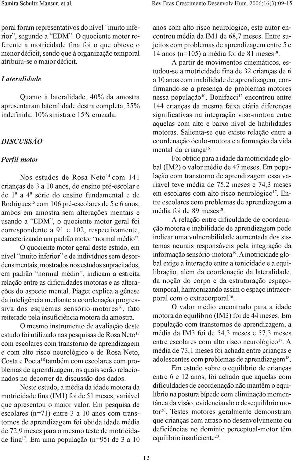 Lateralidade Quanto à lateralidade, 40% da amostra apresentaram lateralidade destra completa, 35% indefinida, 10% sinistra e 15% cruzada.