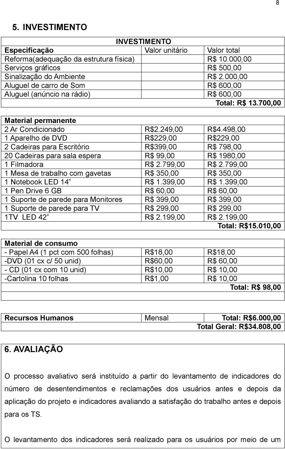 498,00 1 Aparelho de DVD R$229,00 R$229,00 2 Cadeiras para Escritório R$399,00 R$ 798,00 20 Cadeiras para sala espera R$ 99,00 R$ 1980,00 1 Filmadora R$ 2.799,00 R$ 2.