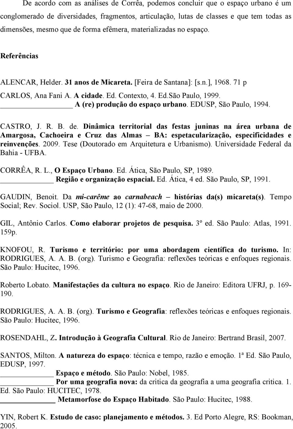 A (re) produção do espaço urbano. EDUSP, São Paulo, 1994. CASTRO, J. R. B. de.