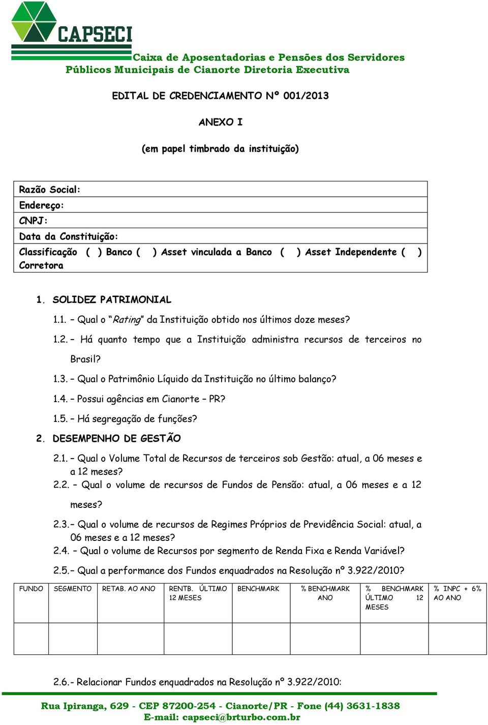 Qual o Patrimônio Líquido da Instituição no último balanço? 1.4. Possui agências em Cianorte PR? 1.5. Há segregação de funções? 2. DESEMPENHO DE GESTÃO 2.1. Qual o Volume Total de Recursos de terceiros sob Gestão: atual, a 06 meses e a 12 meses?