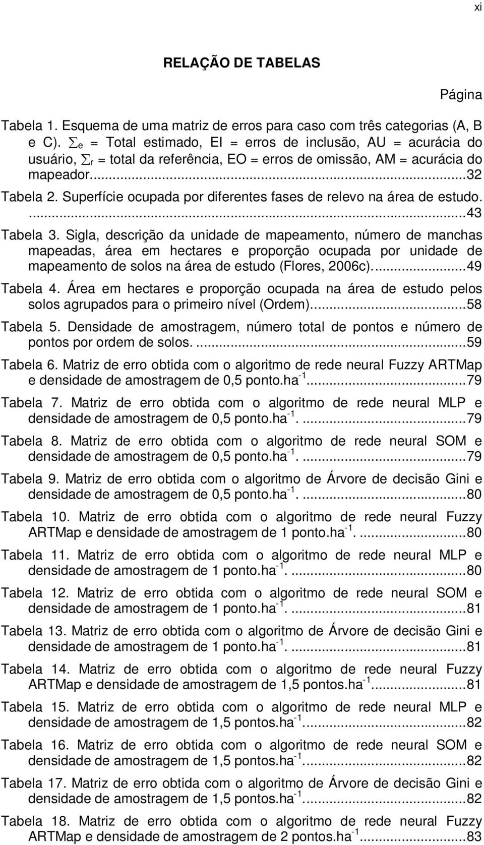 Superfície ocupada por diferentes fases de relevo na área de estudo....43 Tabela 3.