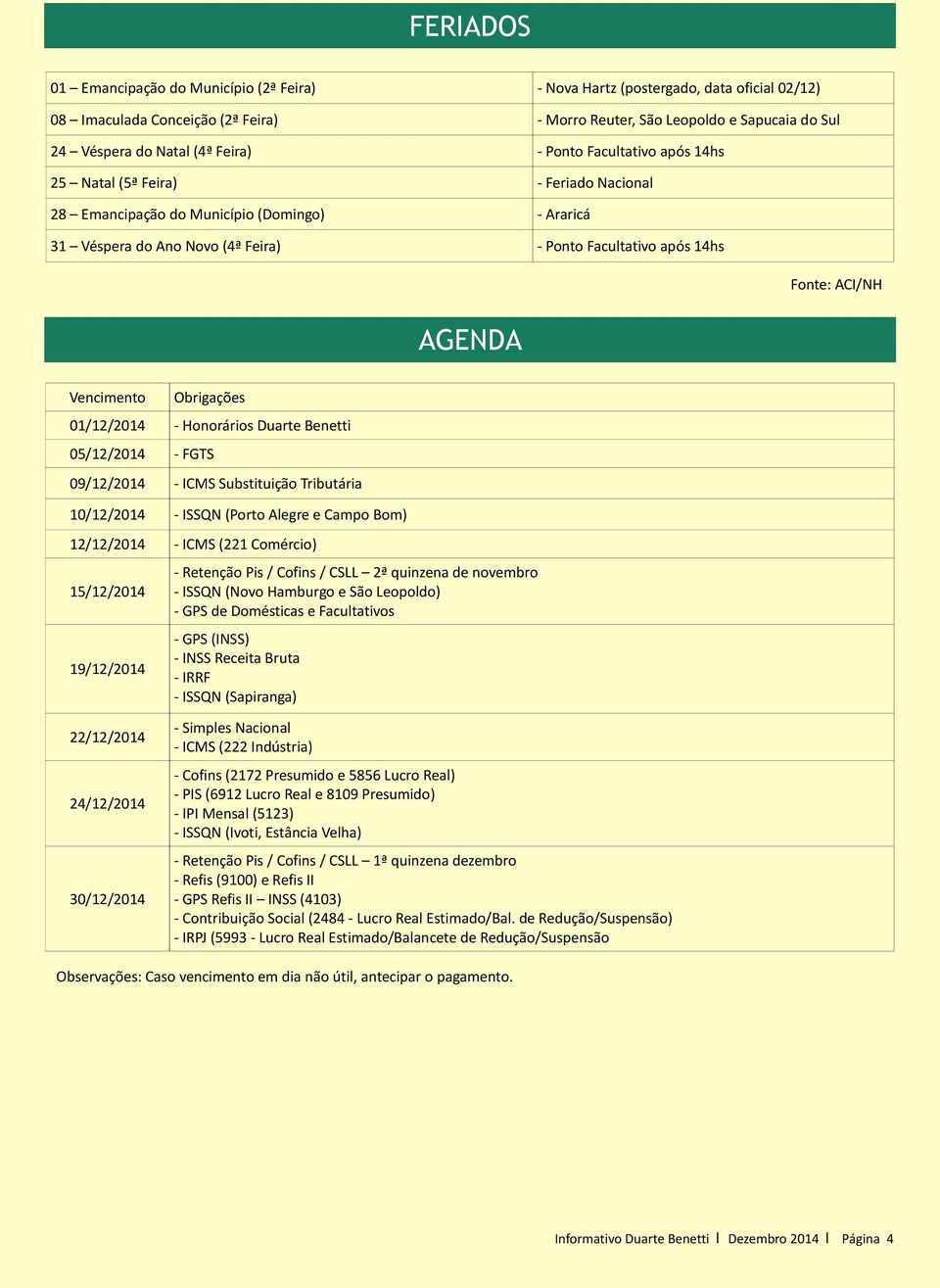 ACI/NH AGENDA Vencimento Obrigações 01/12/2014 - Honorários Duarte Benetti 05/12/2014 - FGTS 09/12/2014 - ICMS Substituição Tributária 10/12/2014 - ISSQN (Porto Alegre e Campo Bom) 12/12/2014 - ICMS