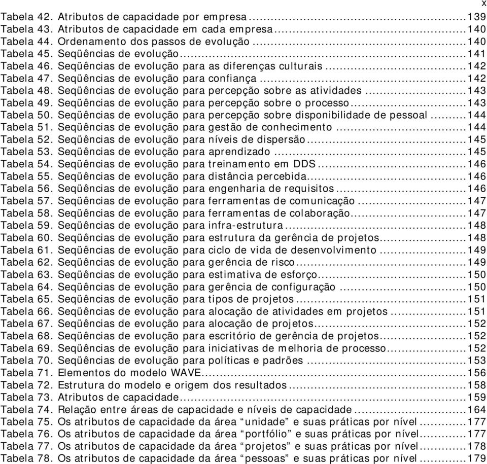 ..143 Tabela 49. Seqüências de evolução para percepção sobre o processo...143 Tabela 50. Seqüências de evolução para percepção sobre disponibilidade de pessoal...144 Tabela 51.