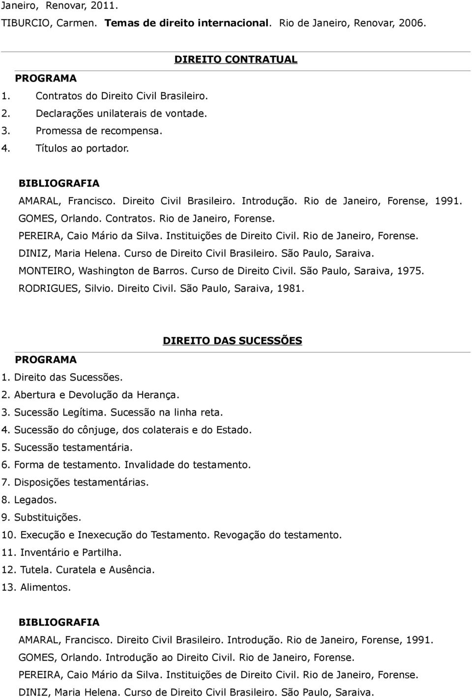 MONTEIRO, Washington de Barros. Curso de Direito Civil. São Paulo, Saraiva, 1975. RODRIGUES, Silvio. Direito Civil. São Paulo, Saraiva, 1981. DIREITO DAS SUCESSÕES 1. Direito das Sucessões. 2.