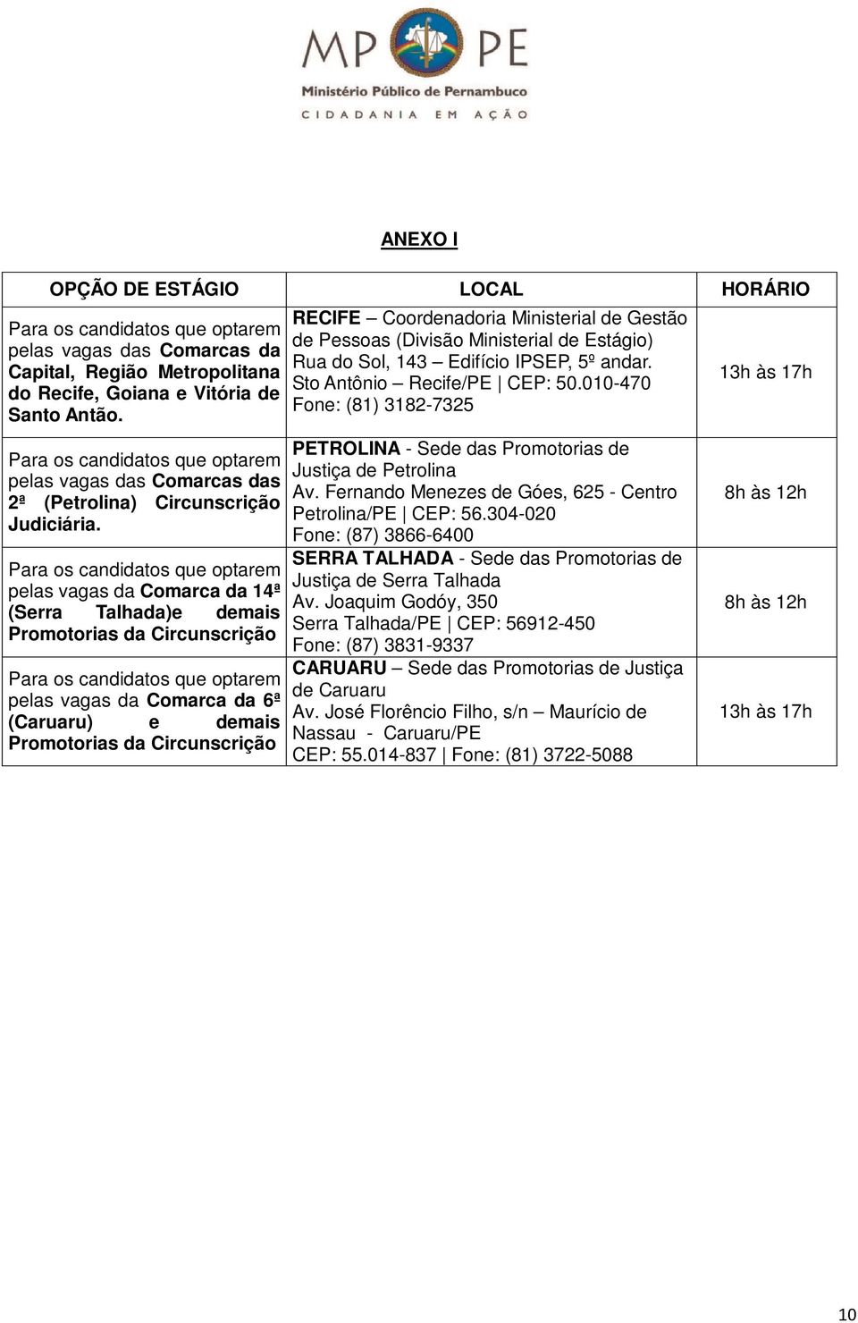 Para os candidatos que optarem pelas vagas da Comarca da 14ª (Serra Talhada)e demais Promotorias da Circunscrição Para os candidatos que optarem pelas vagas da Comarca da 6ª (Caruaru) e demais