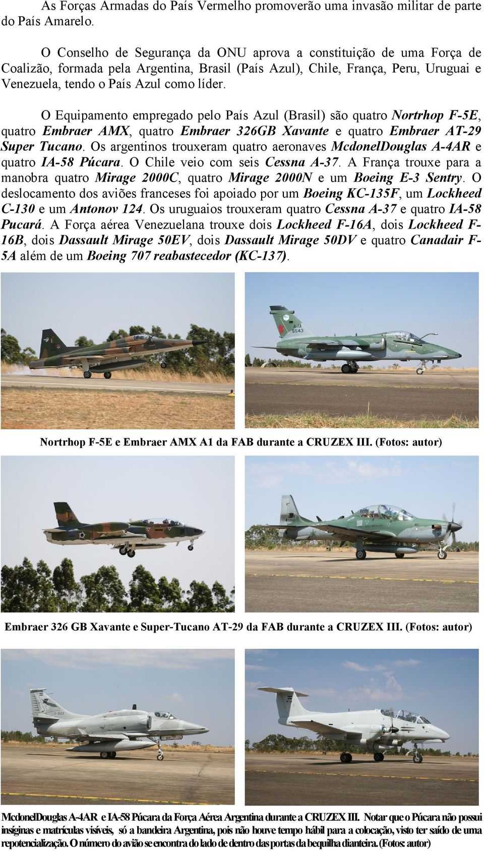 O Equipamento empregado pelo País Azul (Brasil) são quatro Nortrhop F-5E, quatro Embraer AMX, quatro Embraer 326GB Xavante e quatro Embraer AT-29 Super Tucano.