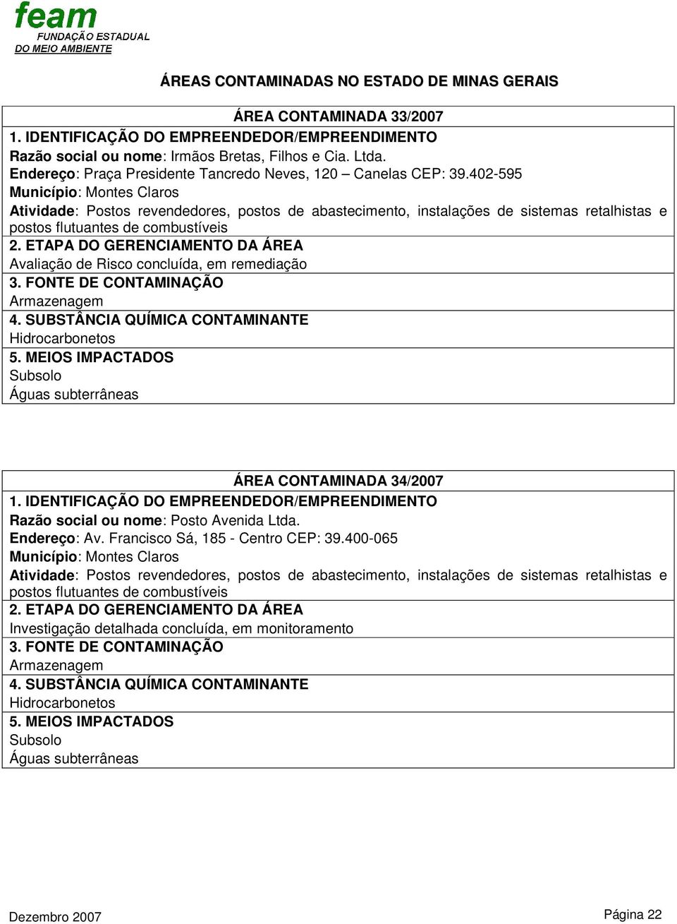 402-595 Município: Montes Claros ÁREA CONTAMINADA 34/2007 Razão social ou nome: Posto