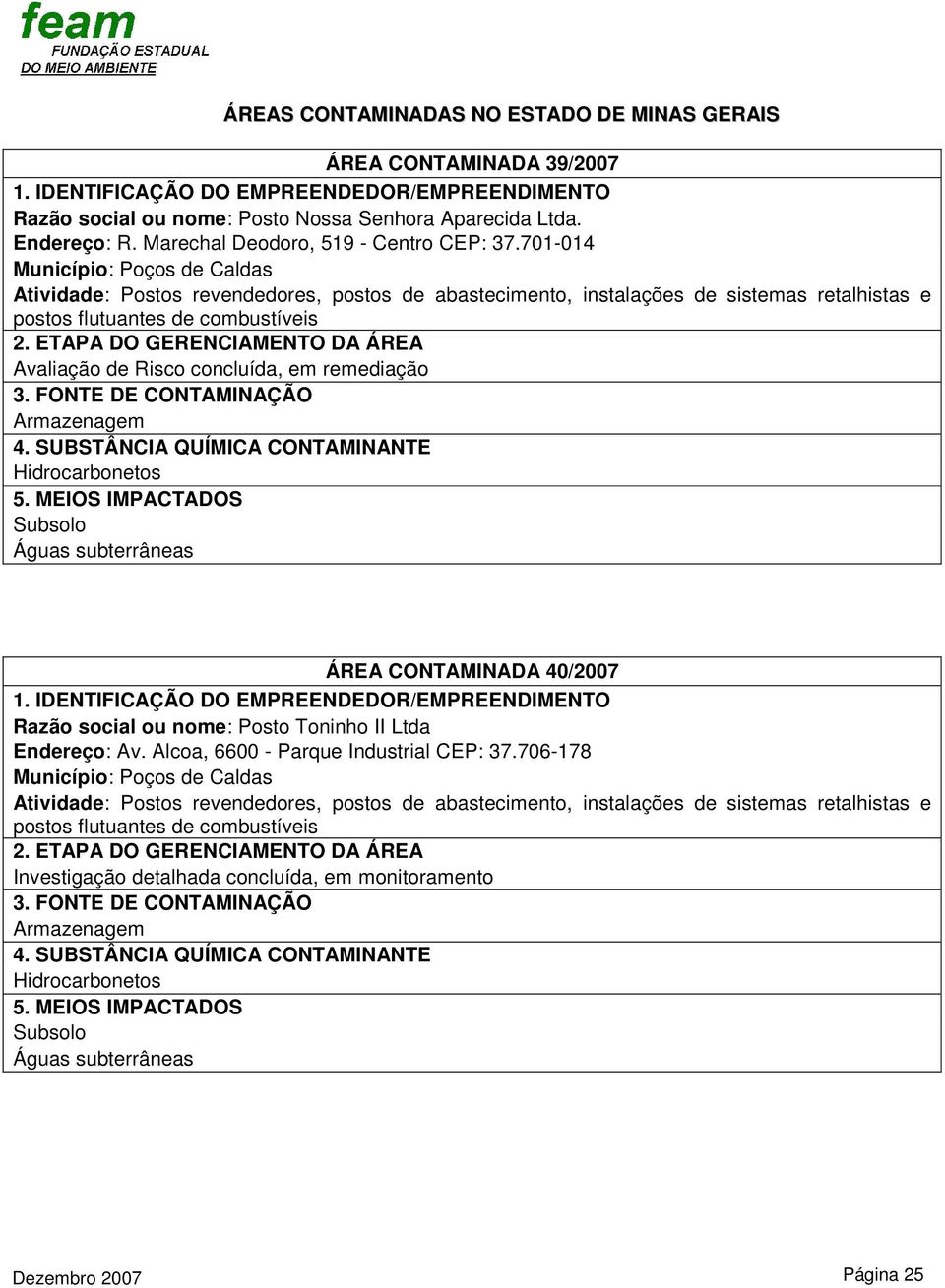 701-014 Município: Poços de Caldas ÁREA CONTAMINADA 40/2007 Razão social ou nome: Posto