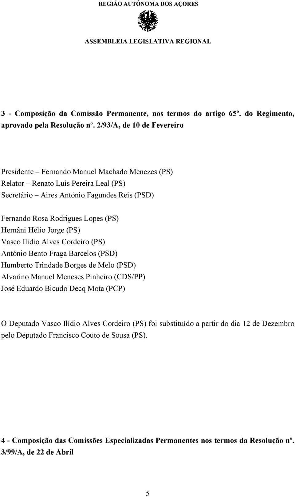 (PS) Hernâni Hélio Jorge (PS) Vasco Ilídio Alves Cordeiro (PS) António Bento Fraga Barcelos (PSD) Humberto Trindade Borges de Melo (PSD) Alvarino Manuel Meneses Pinheiro (CDS/PP) José