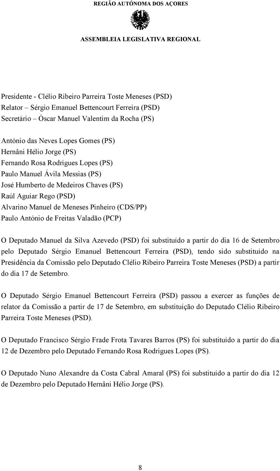 António de Freitas Valadão (PCP) O Deputado Manuel da Silva Azevedo (PSD) foi substituído a partir do dia 16 de Setembro pelo Deputado Sérgio Emanuel Bettencourt Ferreira (PSD), tendo sido