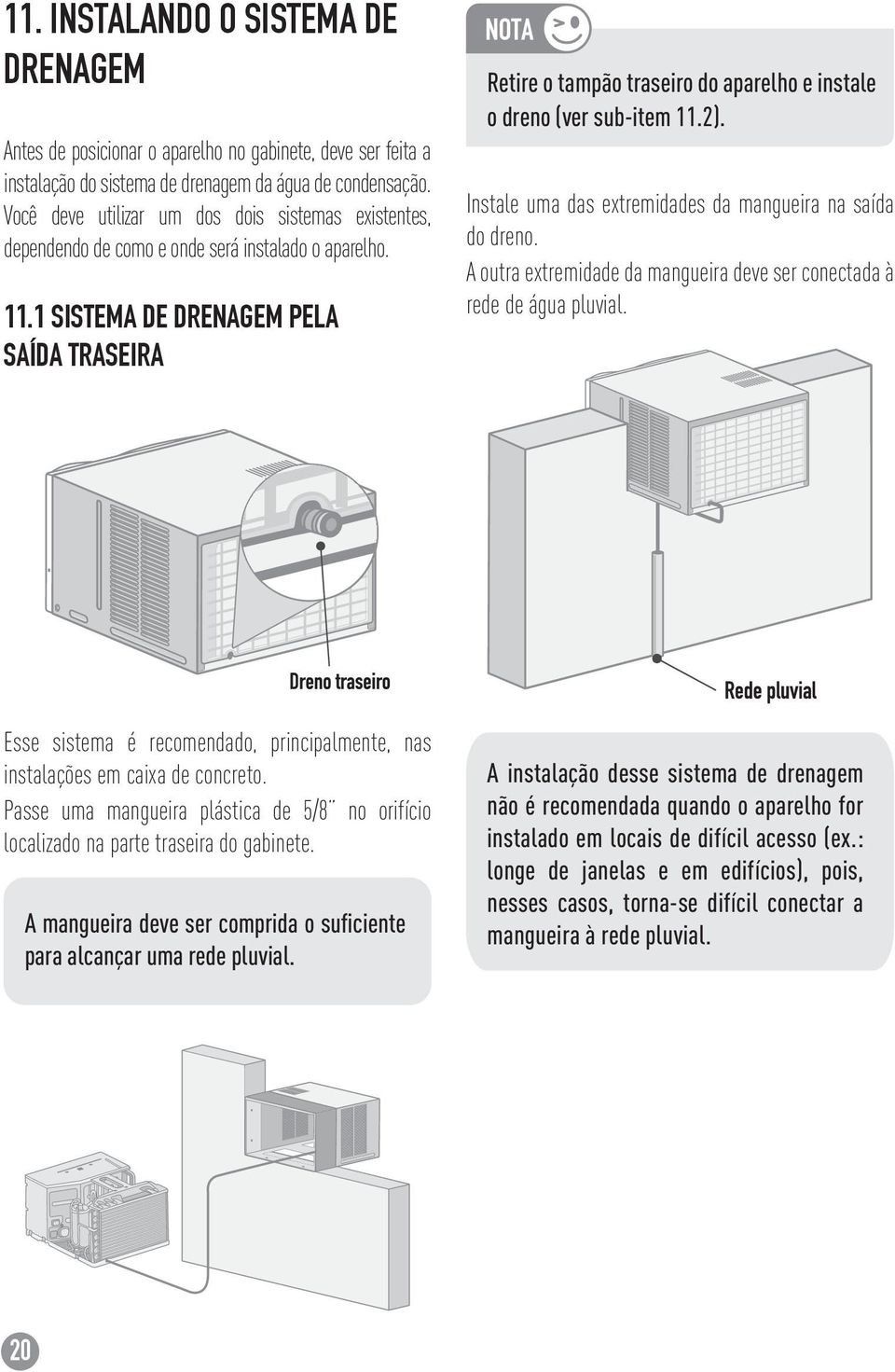 1 SISTEMA DE DRENAGEM PELA SAÍDA TRASEIRA Retire o tampão traseiro do aparelho e instale o dreno (ver sub-item 11.2). Instale uma das extremidades da mangueira na saída do dreno.