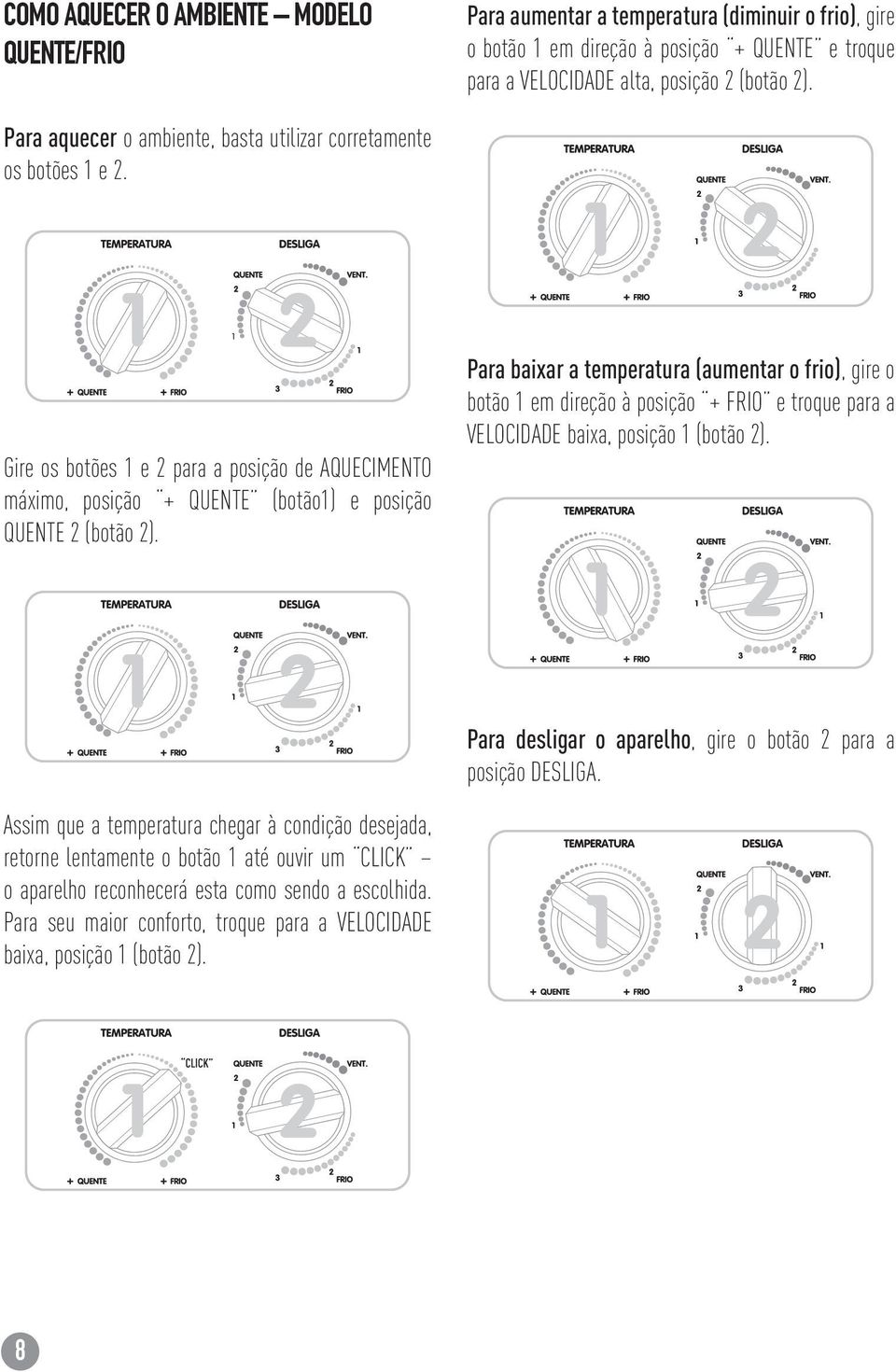 Para baixar a temperatura (aumentar o frio), gire o botão 1 em direção à posição + FRIO e troque para a VELOCIDADE baixa, posição 1 (botão 2).