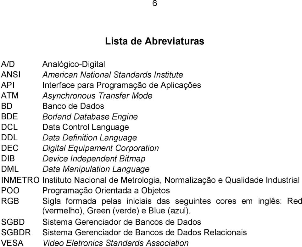 INMETRO Instituto Nacional de Metrologia, Normalização e Qualidade Industrial POO Programação Orientada a Objetos RGB Sigla formada pelas iniciais das seguintes cores em inglês: Red