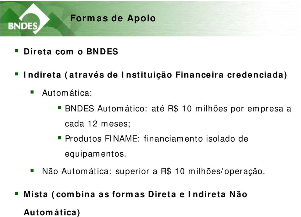 meses; Produtos FINAME: financiamento isolado de equipamentos.