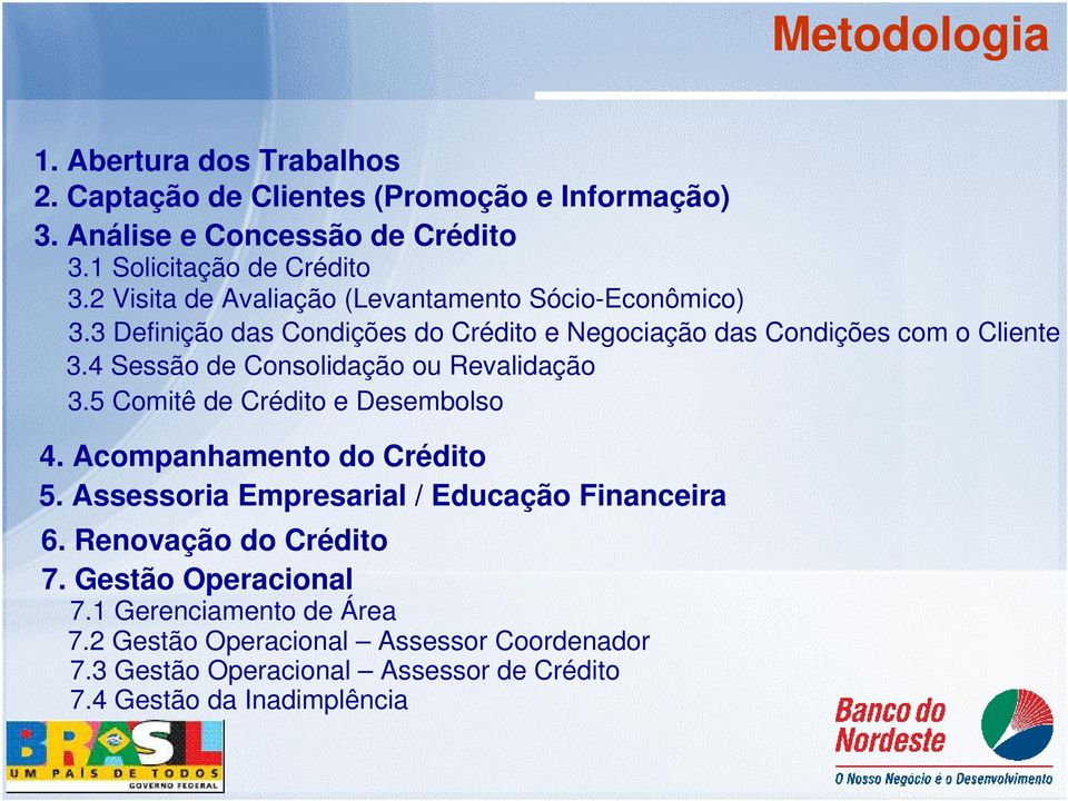 4 Sessão de Consolidação ou Revalidação 3.5 Comitê de Crédito e Desembolso 4. Acompanhamento do Crédito 5. Assessoria Empresarial / Educação Financeira 6.