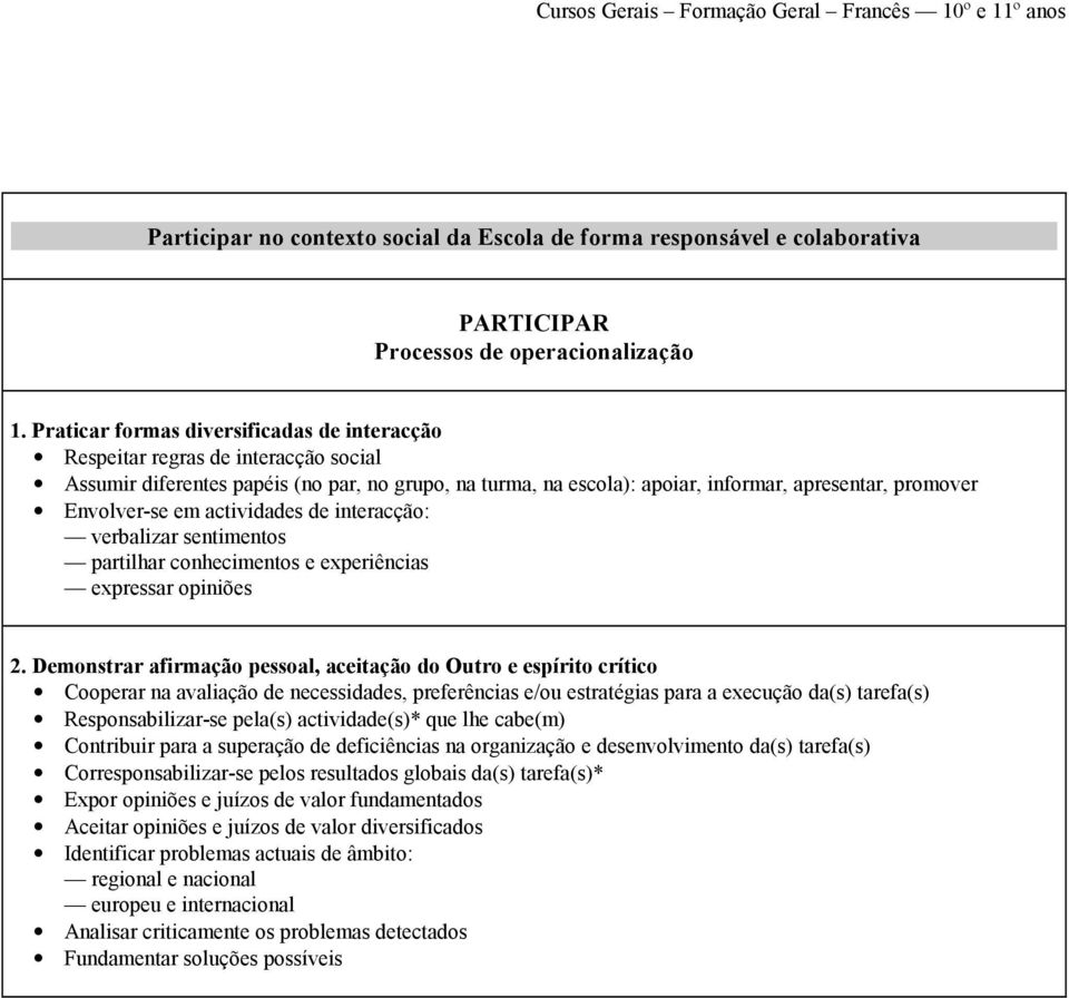 Envolver-se em actividades de interacção: verbalizar sentimentos partilhar conhecimentos e experiências expressar opiniões 2.