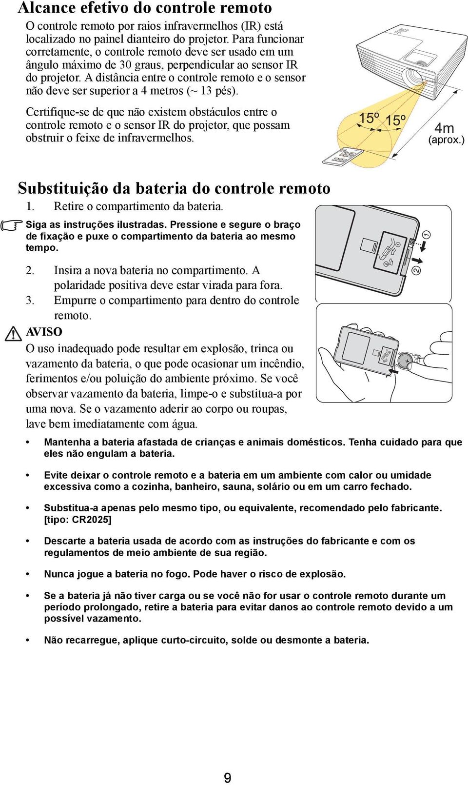 A distância entre o controle remoto e o sensor não deve ser superior a 4 metros (~ 13 pés).