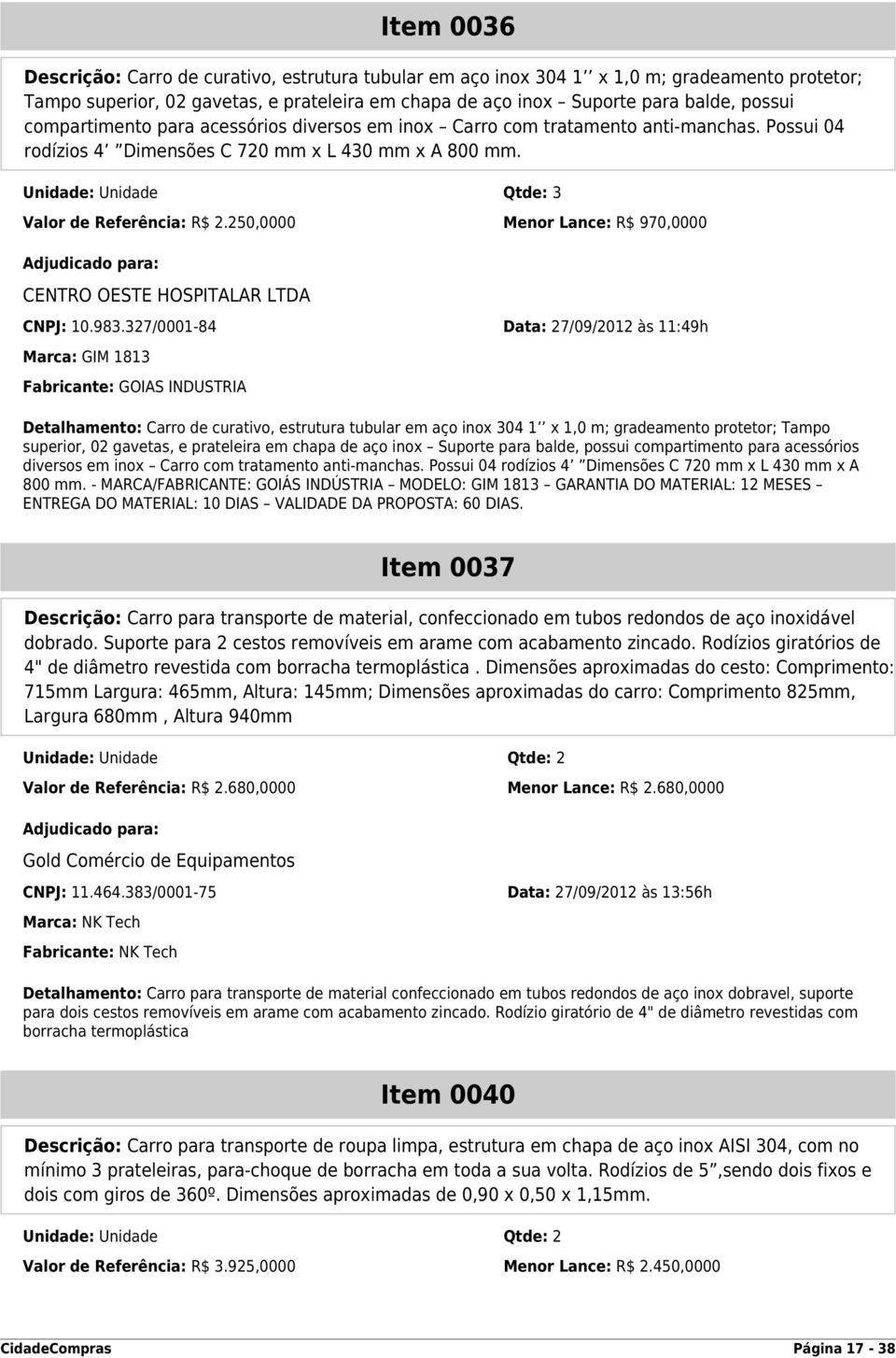 250,0000 Menor Lance: R$ 970,0000 CENTRO OESTE HOSPITALAR LTDA CNPJ: 10.983.