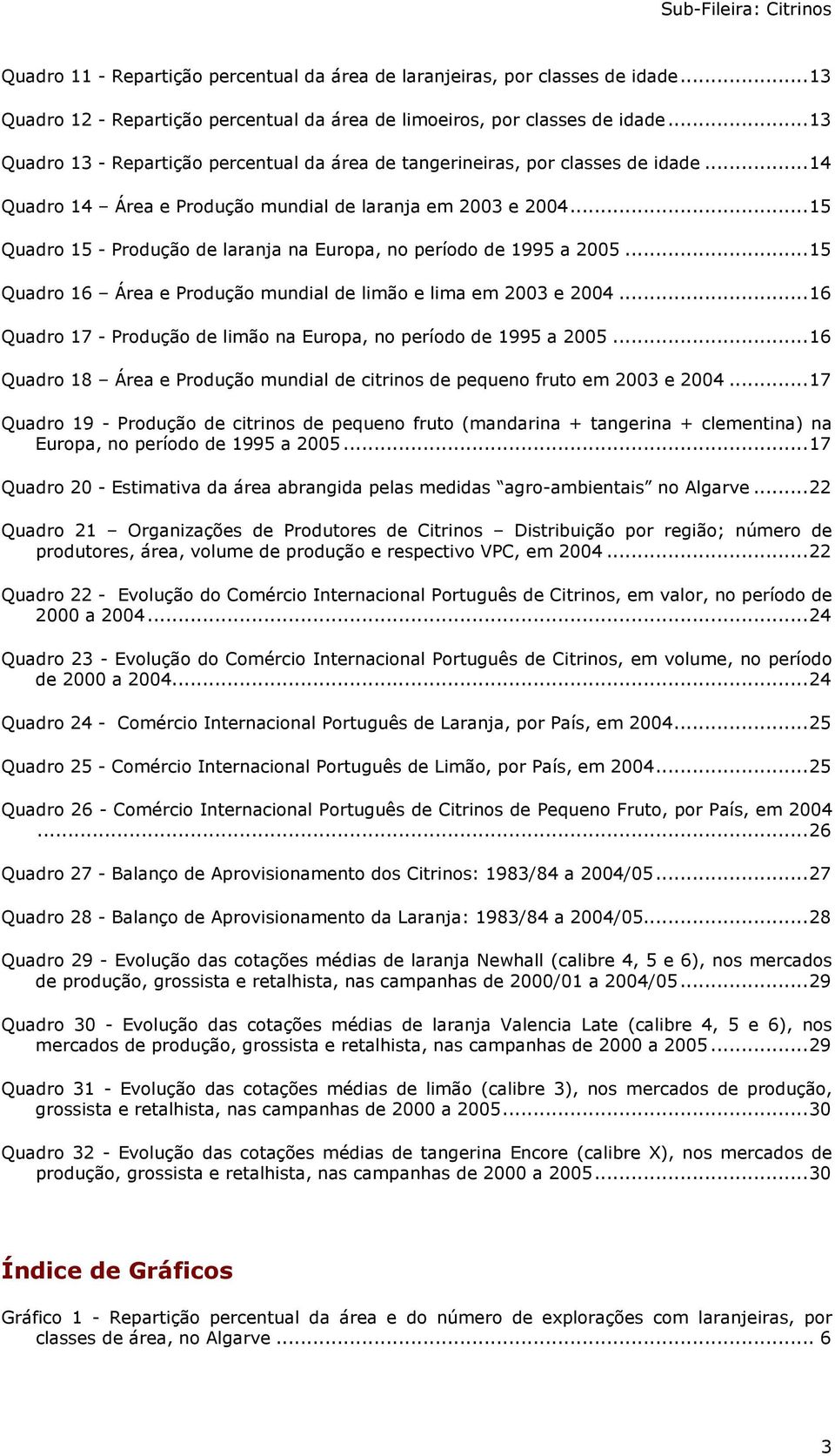 ..15 Quadro 15 - Produção de laranja na Europa, no período de 1995 a 2005...15 Quadro 16 e Produção mundial de limão e lima em 2003 e 2004.