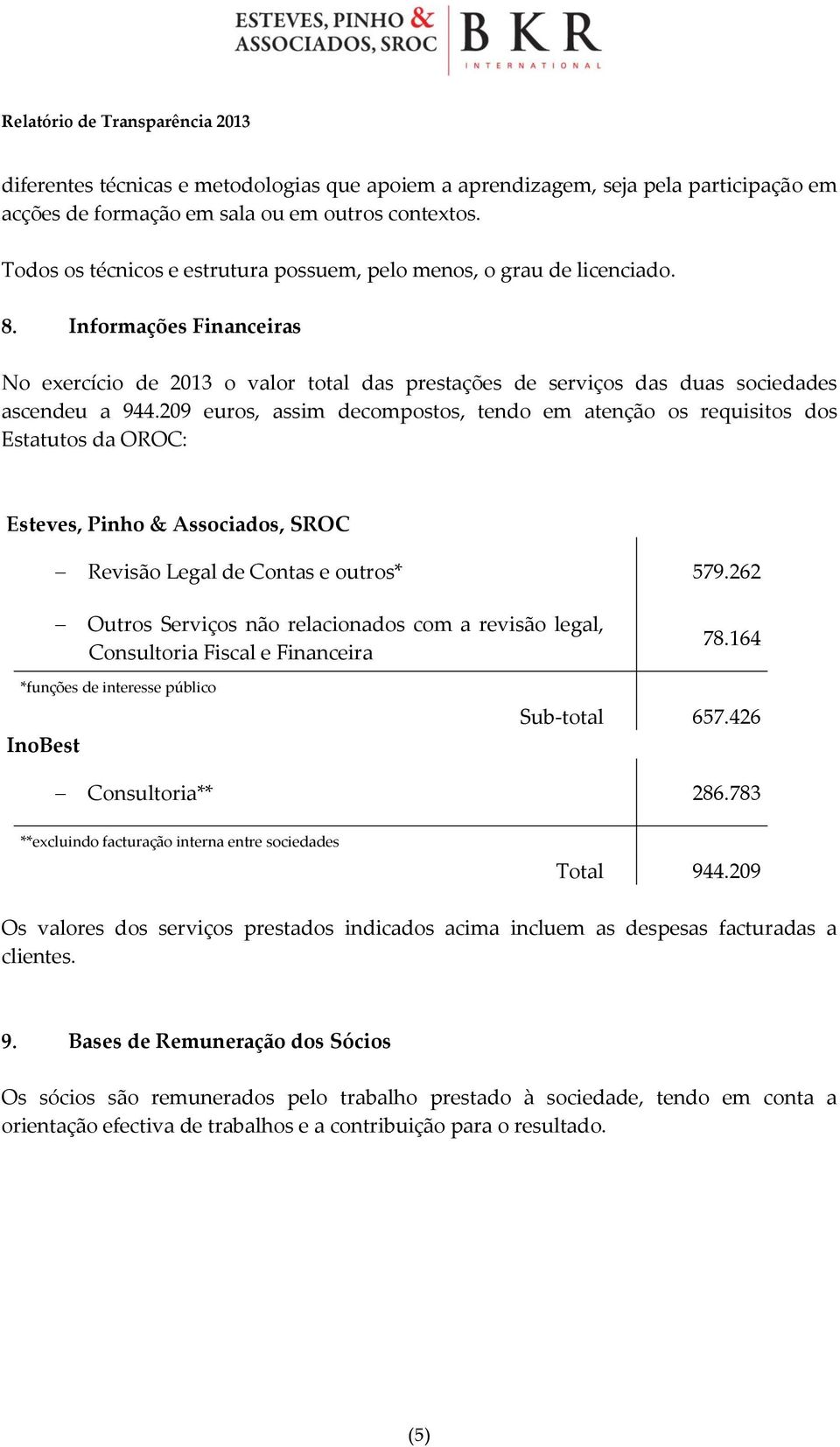 209 euros, assim decompostos, tendo em atenção os requisitos dos Estatutos da OROC: Esteves, Pinho & Associados, SROC Revisão Legal de Contas e outros* 579.