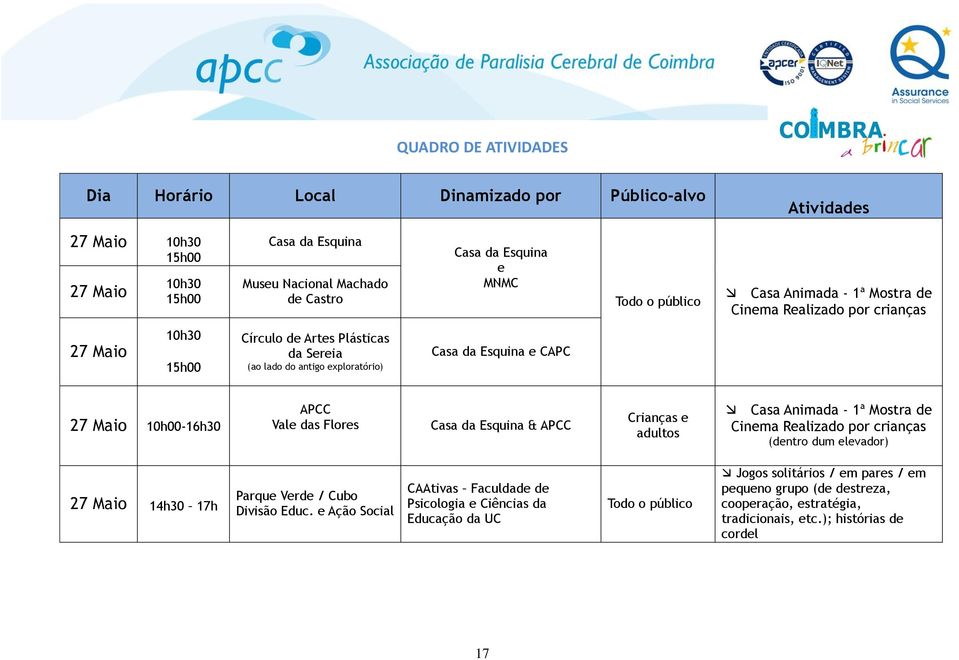 & APCC Crianças e adultos Casa Animada - 1ª Mostra de Cinema Realizado por crianças (dentro dum elevador) 14h30 17h Parque Verde / Cubo Divisão Educ.