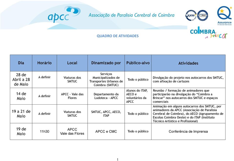 que participarão na divulgação do Coimbra a Brincar nos autocarros dos SMTUC e espaços comerciais 19 a 21 de Maio A definir Viaturas dos SMTUC SMTUC, APCC, AECO, ITAP Animação em alguns autocarros