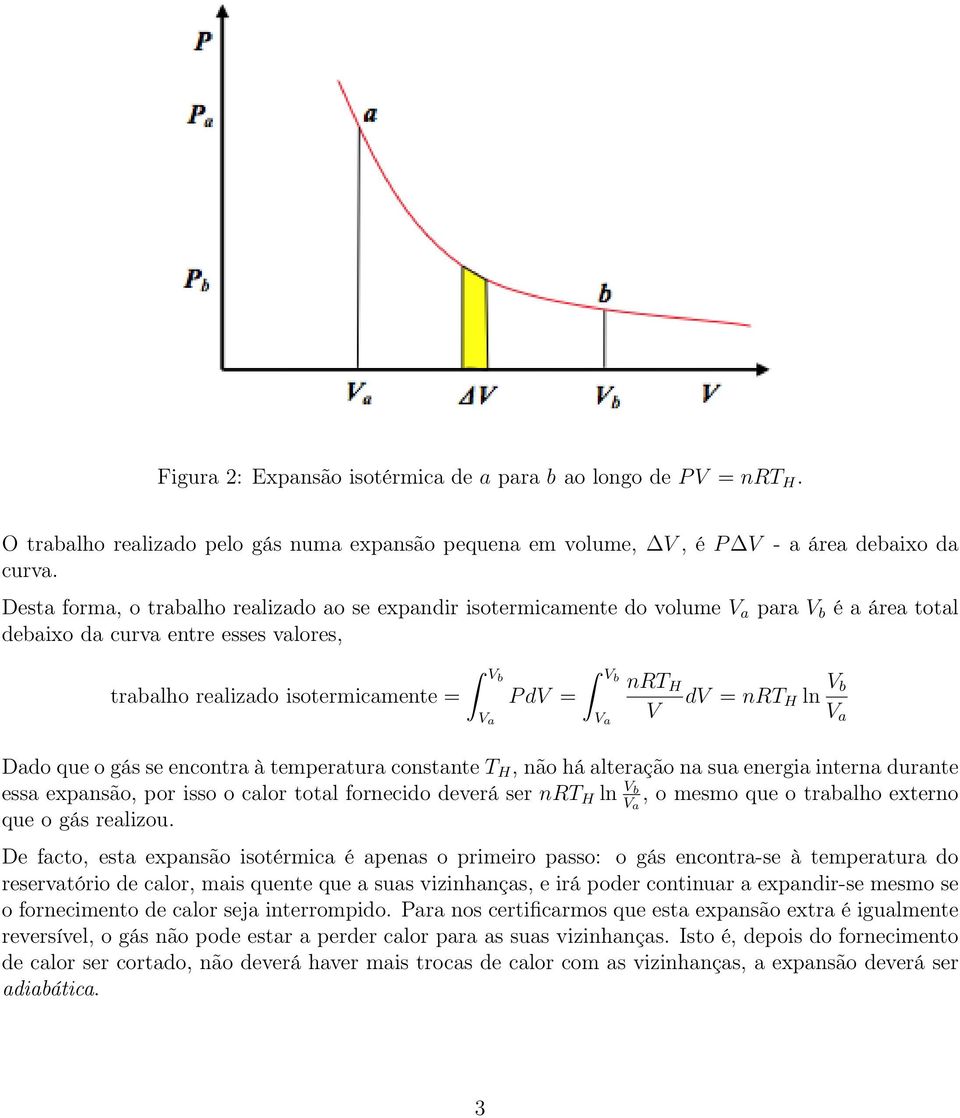 = nrt H ln V b V Dado que o gás se encontra à temperatura constante T H, não há alteração na sua energia interna durante essa expansão, por isso o calor total fornecido deverá ser nrt H ln V b, o