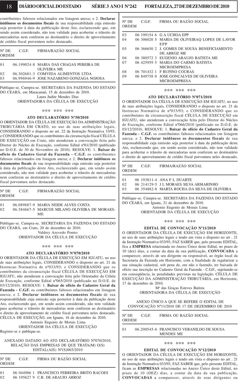 acobertar o trânsito de mercadorias nem conferem ao destinatário o direito de aproveitamento de crédito fiscal porventura neles destacado. Nº DE C.G.F. FIRMA/RAZÃO SOCIAL 01 06.