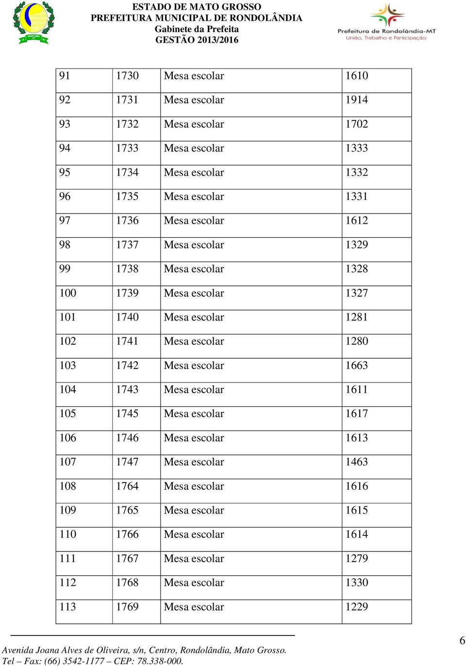 escolar 1280 103 1742 Mesa escolar 1663 104 1743 Mesa escolar 1611 105 1745 Mesa escolar 1617 106 1746 Mesa escolar 1613 107 1747 Mesa escolar 1463 108