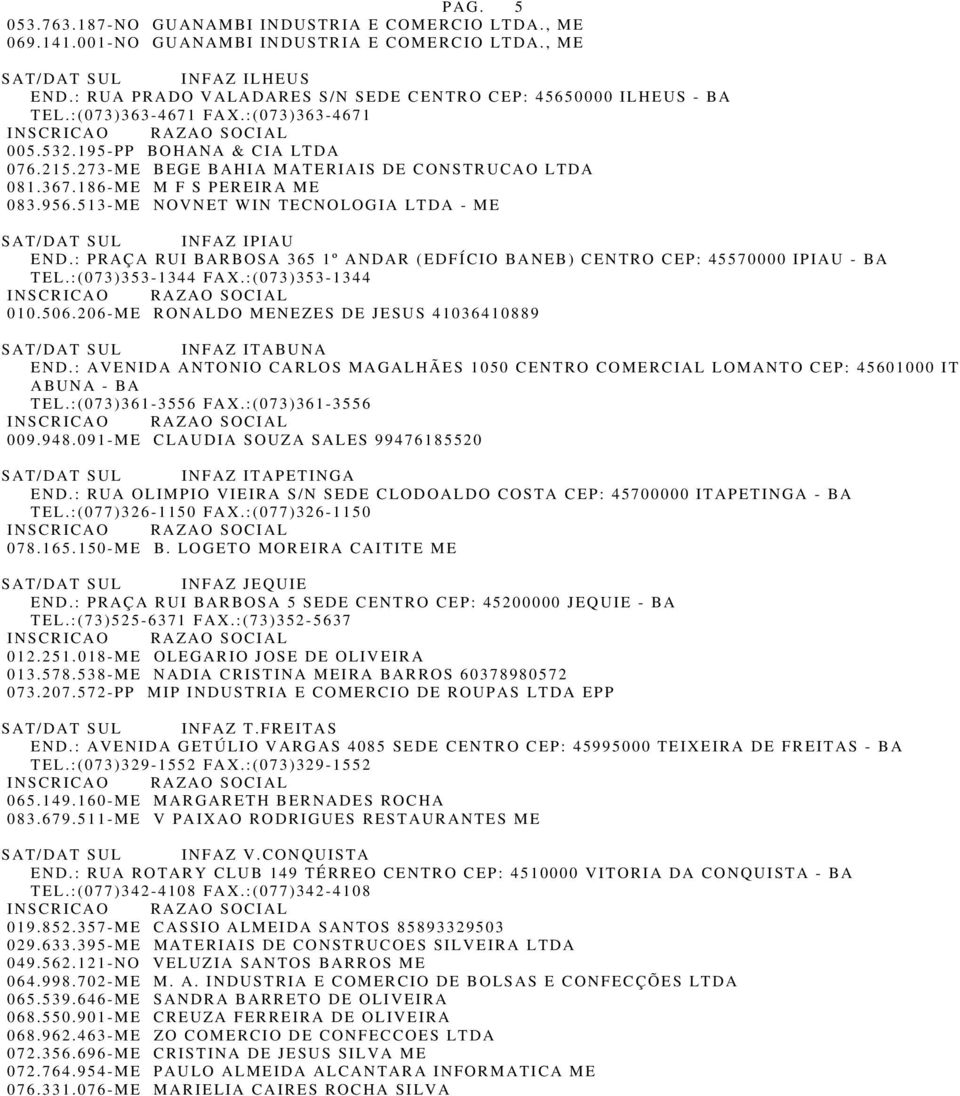 186-ME M F S PEREIRA ME 083.956.513-ME NOVNET WIN TECNOLOGIA LTDA - ME SAT/DAT SUL INFAZ IPIAU END.: PRAÇA RUI BARBOSA 365 1º ANDAR (EDFÍCIO BANEB) CENTRO CEP: 45570000 IPIAU - BA TEL.