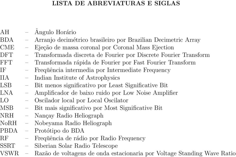 menos significativo por Least Significative Bit LNA Amplificador de baixo ruido por Low Noise Amplifier LO Oscilador local por Local Oscilator MSB Bit mais significativo por Most Significative Bit