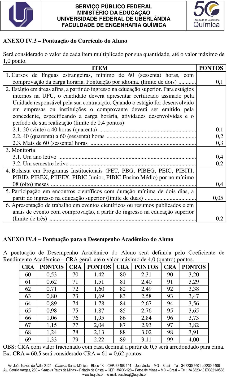 Estágio em áreas afins, a partir do ingresso na educação superior. Para estágios internos na UFU, o candidato deverá apresentar certificado assinado pela Unidade responsável pela sua contratação.