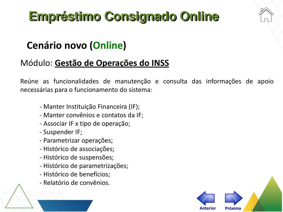 contatos da IF; Associar IF x tipo de operação; Suspender IF; Parametrizar operações; Histórico de