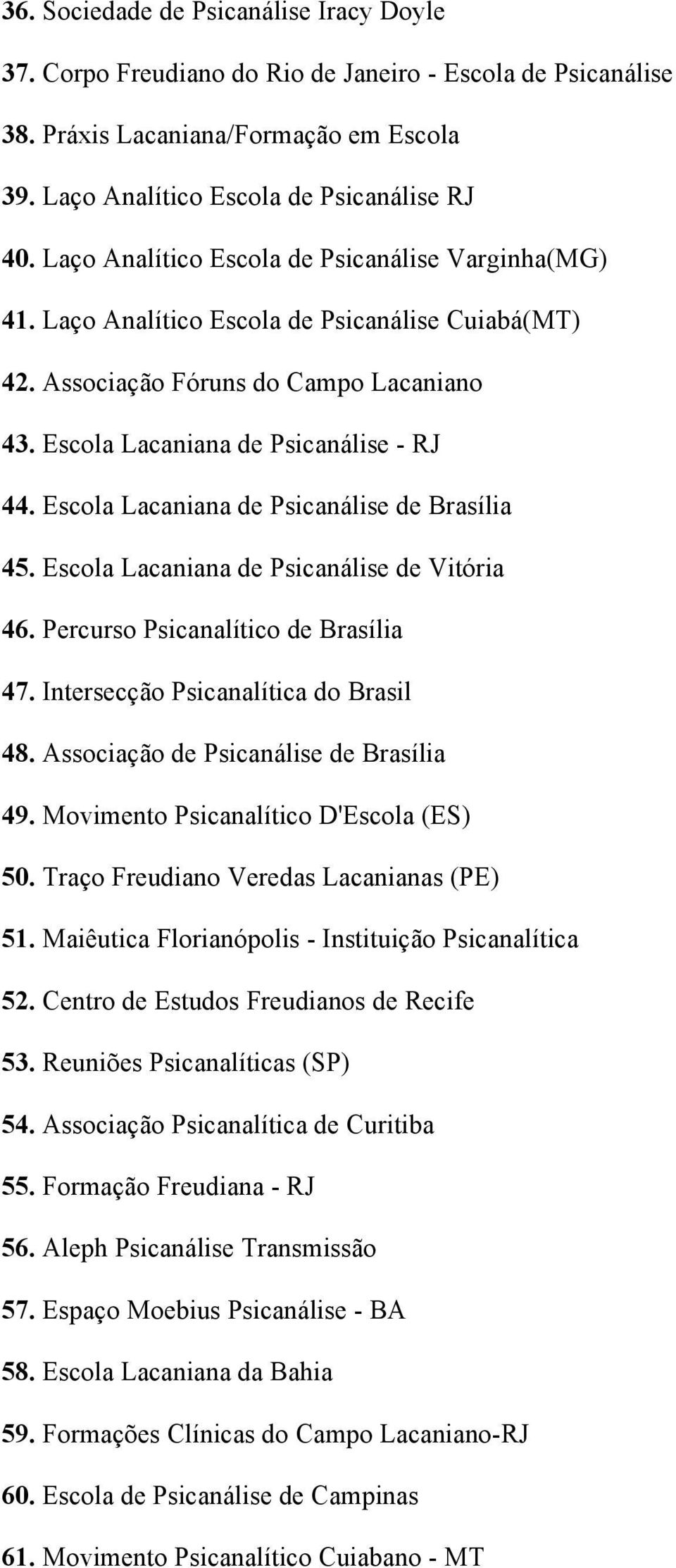 Escola Lacaniana de Psicanálise de Brasília 45. Escola Lacaniana de Psicanálise de Vitória 46. Percurso Psicanalítico de Brasília 47. Intersecção Psicanalítica do Brasil 48.
