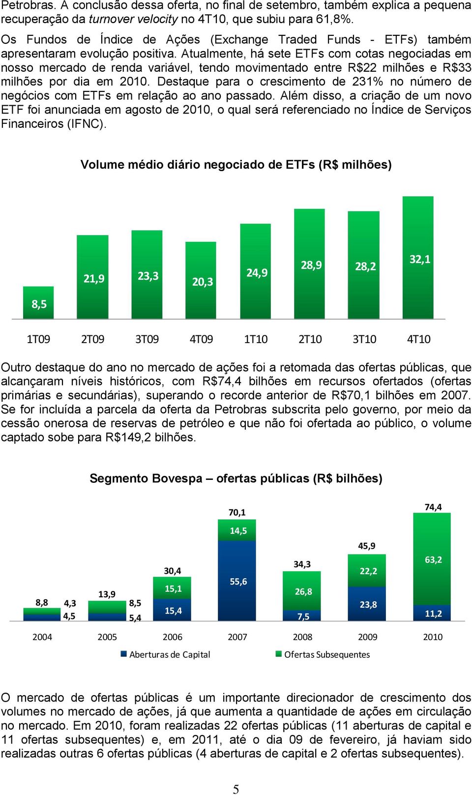 Atualmente, há sete ETFs com cotas negociadas em nosso mercado de renda variável, tendo movimentado entre R$22 milhões e R$33 milhões por dia em 2010.