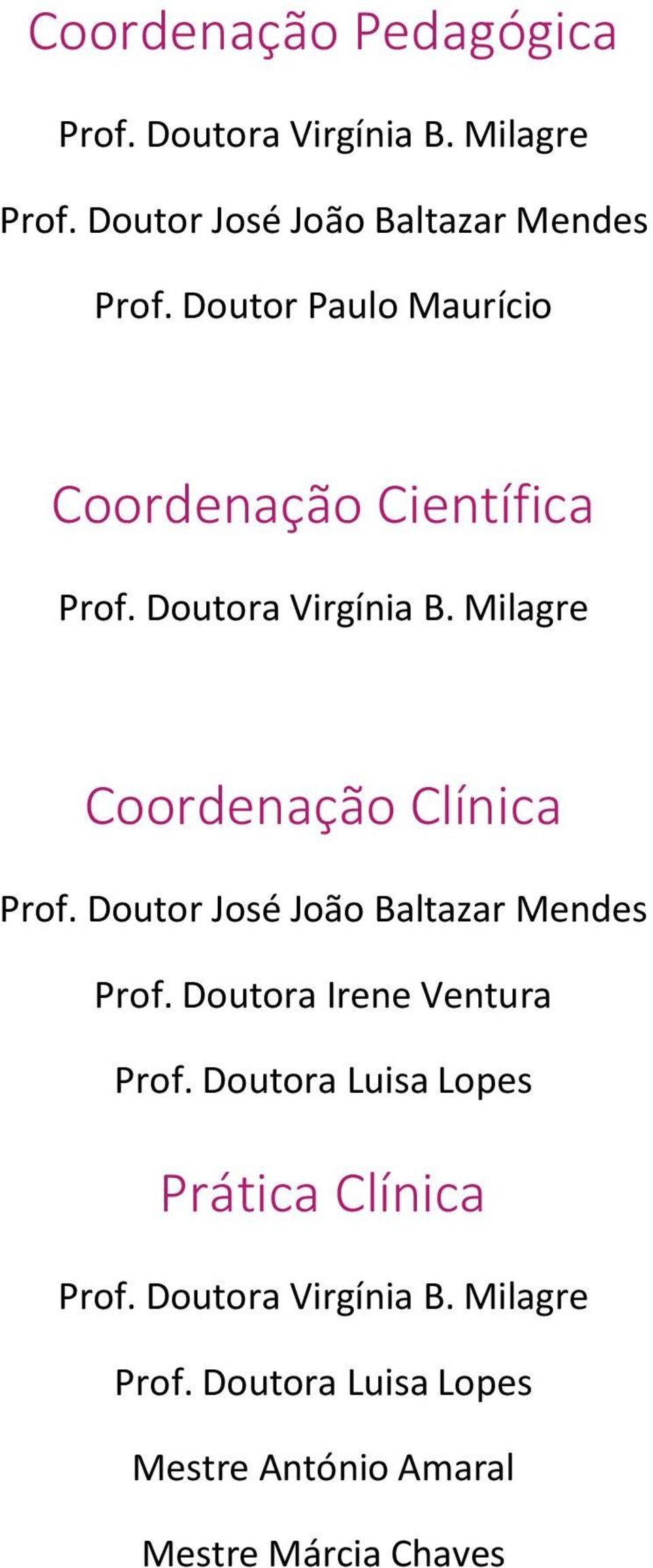 Milagre Coordenação Clínica Prof. Doutor José João Baltazar Mendes Prof. Doutora Irene Ventura Prof.