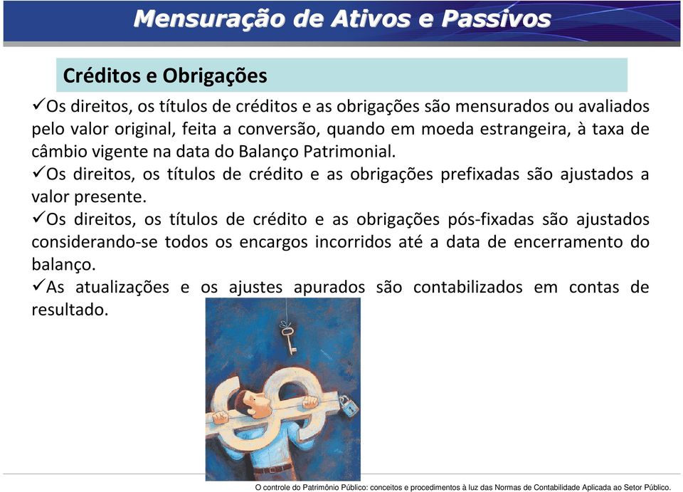 Os direitos, os títulos de crédito e as obrigações prefixadas são ajustados a valor presente.