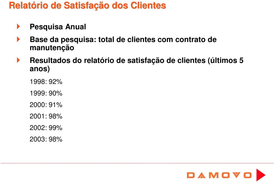 Resultados do relatório de satisfação de clientes (últimos 5