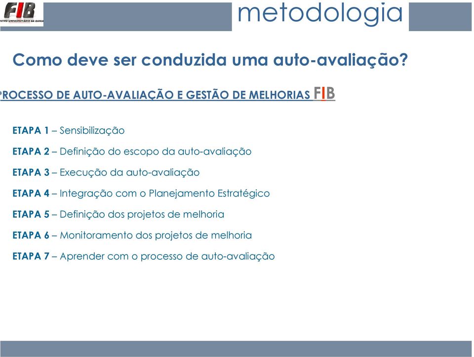 escopo da auto-avaliação ETAPA 3 Execução da auto-avaliação ETAPA 4 Integração com o Planejamento