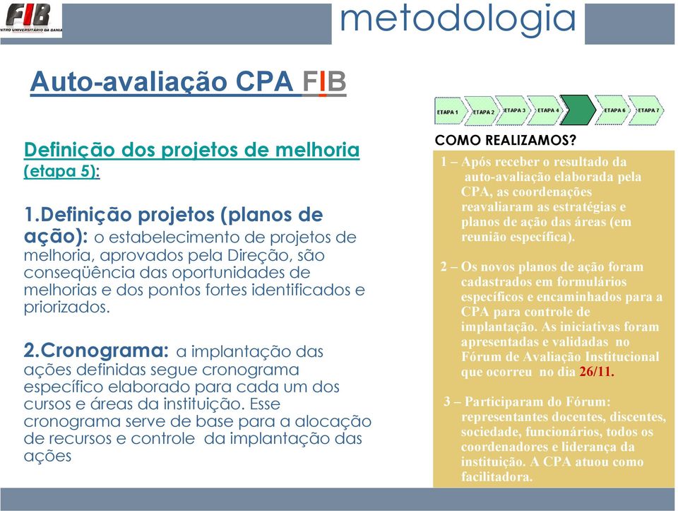 2.Cronograma: a implantação das ações definidas segue cronograma específico elaborado para cada um dos cursos e áreas da instituição.