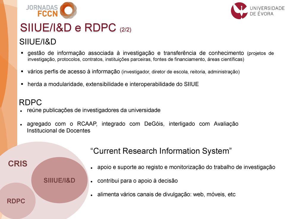 interoperabilidade do SIIUE RDPC reúne publicações de investigadores da universidade agregado com o RCAAP, integrado com DeGóis, interligado com Avaliação Institucional de Docentes CRIS