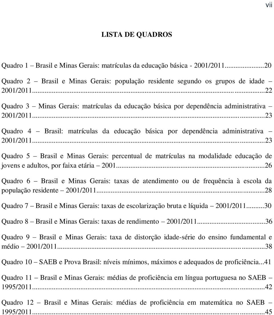 ..23 Quadro 5 Brasil e Minas Gerais: percentual de matrículas na modalidade educação de jovens e adultos, por faixa etária 2001.