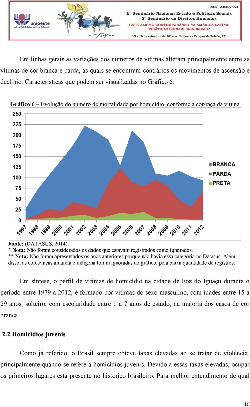 * Nota: Não foram considerados os dados que estavam registrados como ignorados. ** Nota: Não foram apresentados os anos anteriores porque não havia essa categoria no Datasus.