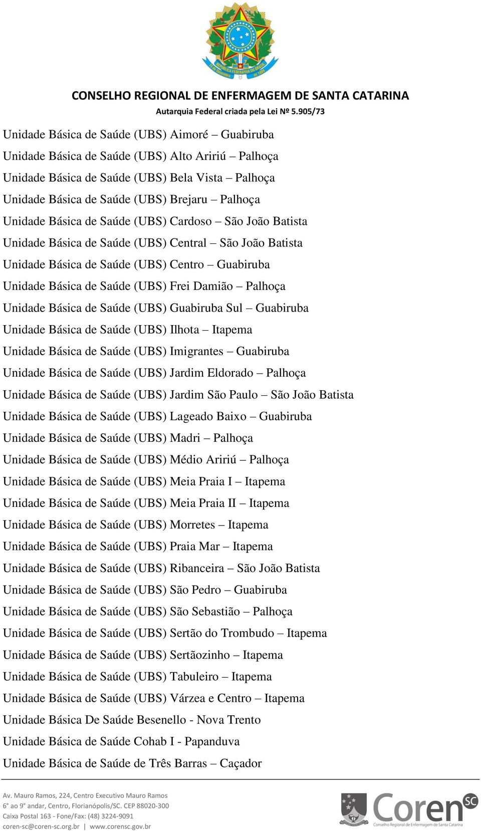 Unidade Básica de Saúde (UBS) Guabiruba Sul Guabiruba Unidade Básica de Saúde (UBS) Ilhota Itapema Unidade Básica de Saúde (UBS) Imigrantes Guabiruba Unidade Básica de Saúde (UBS) Jardim Eldorado