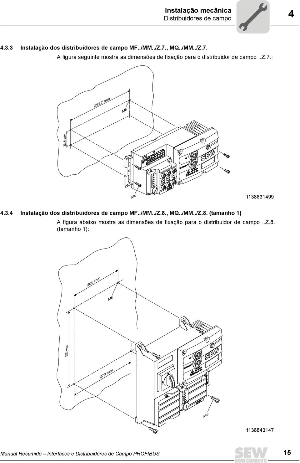 mm M6 1138831499 4.3.4 Instalação dos distribuidores de campo MF../MM../Z.8., MQ../MM../Z.8. (tamanho 1) figura abaixo mostra as dimensões de fixação para o distribuidor de campo.