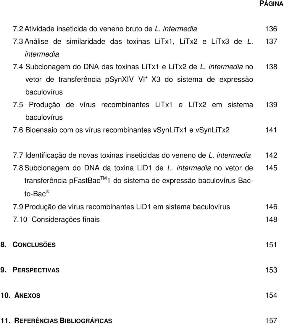 5 Produção de vírus recombinantes LiTx1 e LiTx2 em sistema 139 7.6 Bioensaio com os vírus recombinantes vsynlitx1 e vsynlitx2 141 7.7 Identificação de novas toxinas inseticidas do veneno de L.