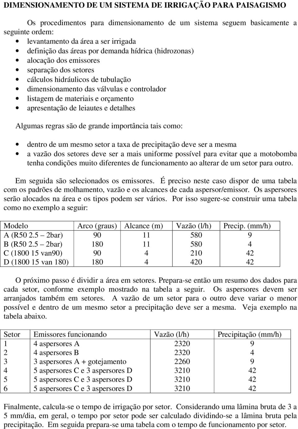 apresentação de leiautes e detalhes Algumas regras são de grande importância tais como: dentro de um mesmo setor a taxa de precipitação deve ser a mesma a vazão dos setores deve ser a mais uniforme