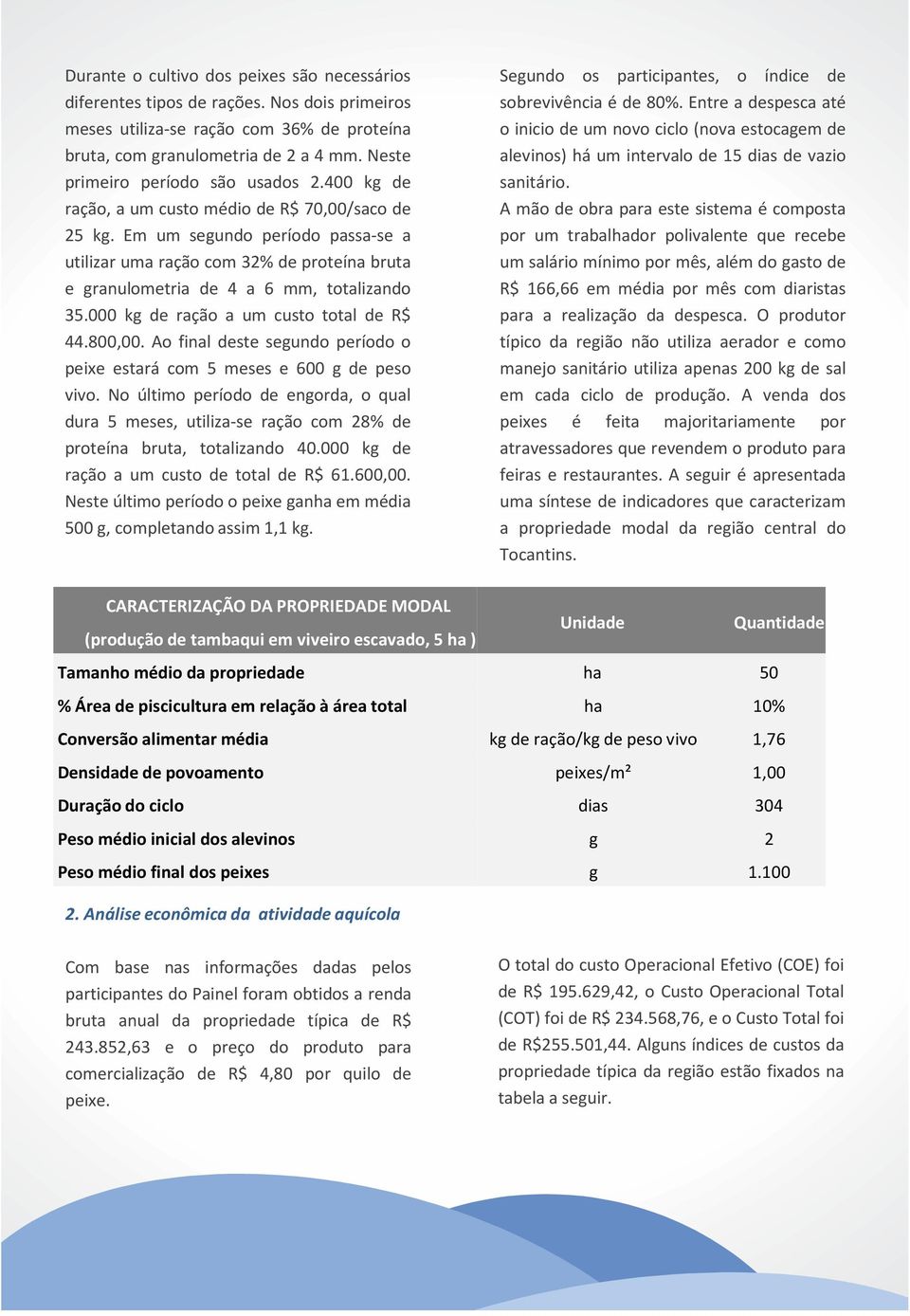 Em um segundo período passa-se a utilizar uma ração com 32% de proteína bruta e granulometria de 4 a 6 mm, totalizando 35.000 kg de ração a um custo total de R$ 44.800,00.