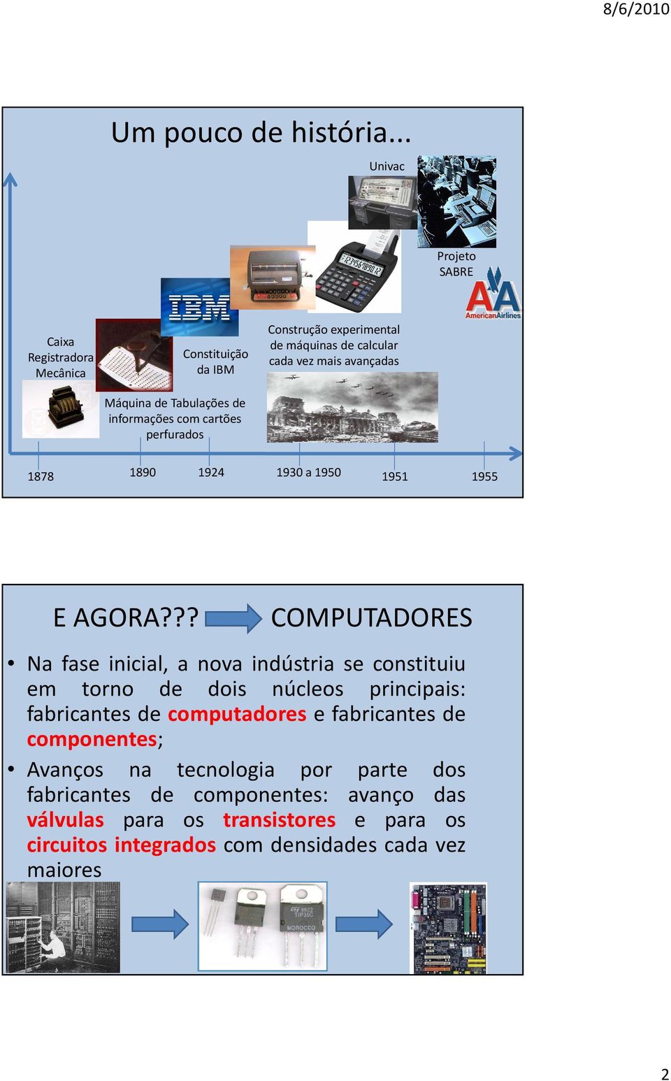 experimental de máquinas de calcular cada vez mais avançadas 1878 1890 1924 1930 a 1950 1951 1955 E AGORA?