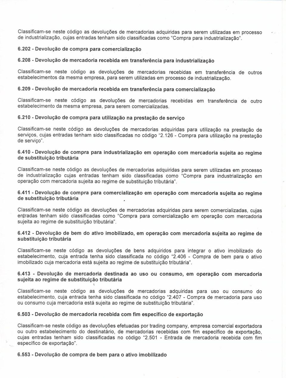 208 - Devolução dê mêrcadoria recebida em transfeíência para industrialização ClassiÍicam-se nestê código as devoluções de meícadorias recebidas em transferência de outros estabelecimentos da mesma